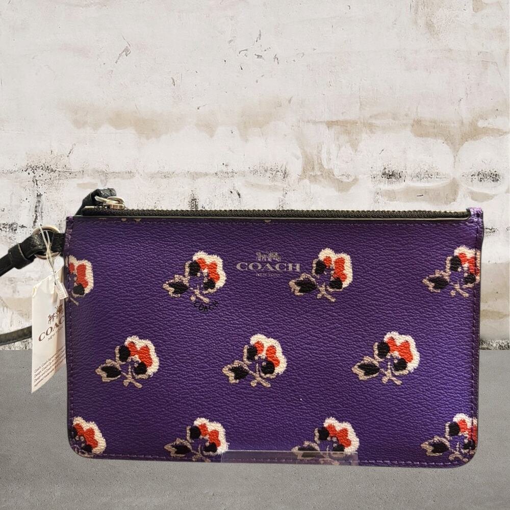 Coach Bramble Rose Purple Floral Zip Wristlet NWT